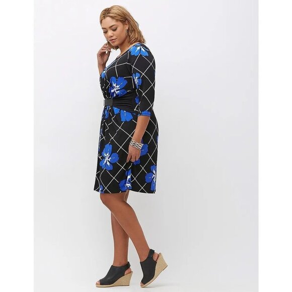 Lane Bryant Blue Floral Print Dress Attached Belt Size 22/24 3X Plus Size Career - Picture 4 of 13